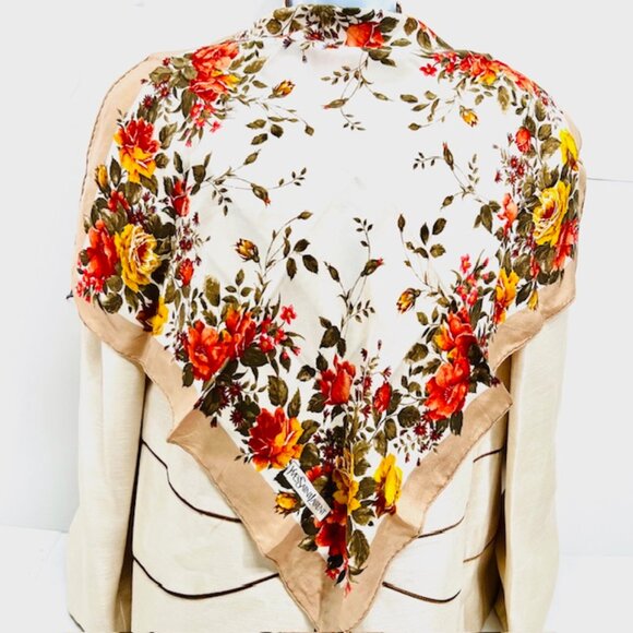 Vigt Yves Saint Laurent Mini Scarf/Handker 100% silk satin, 22"  Beige Flora (17 - Picture 1 of 6